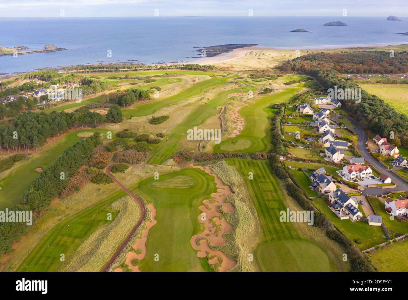 Aerial view of Fidra Links golf course at Archerfield Links golf club