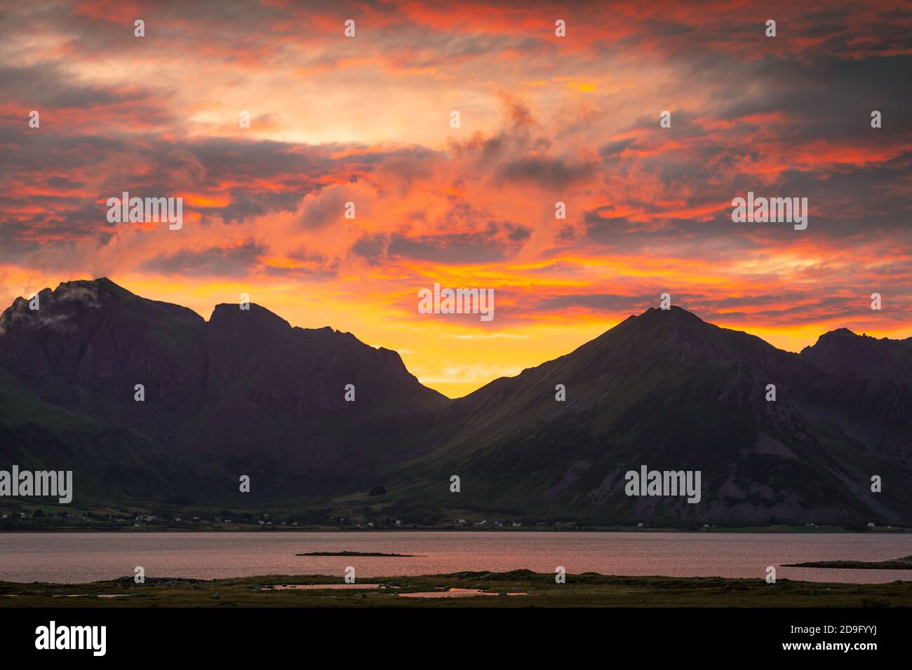 Colorful sunset over mountains in Lofoten Norway Stock Photo