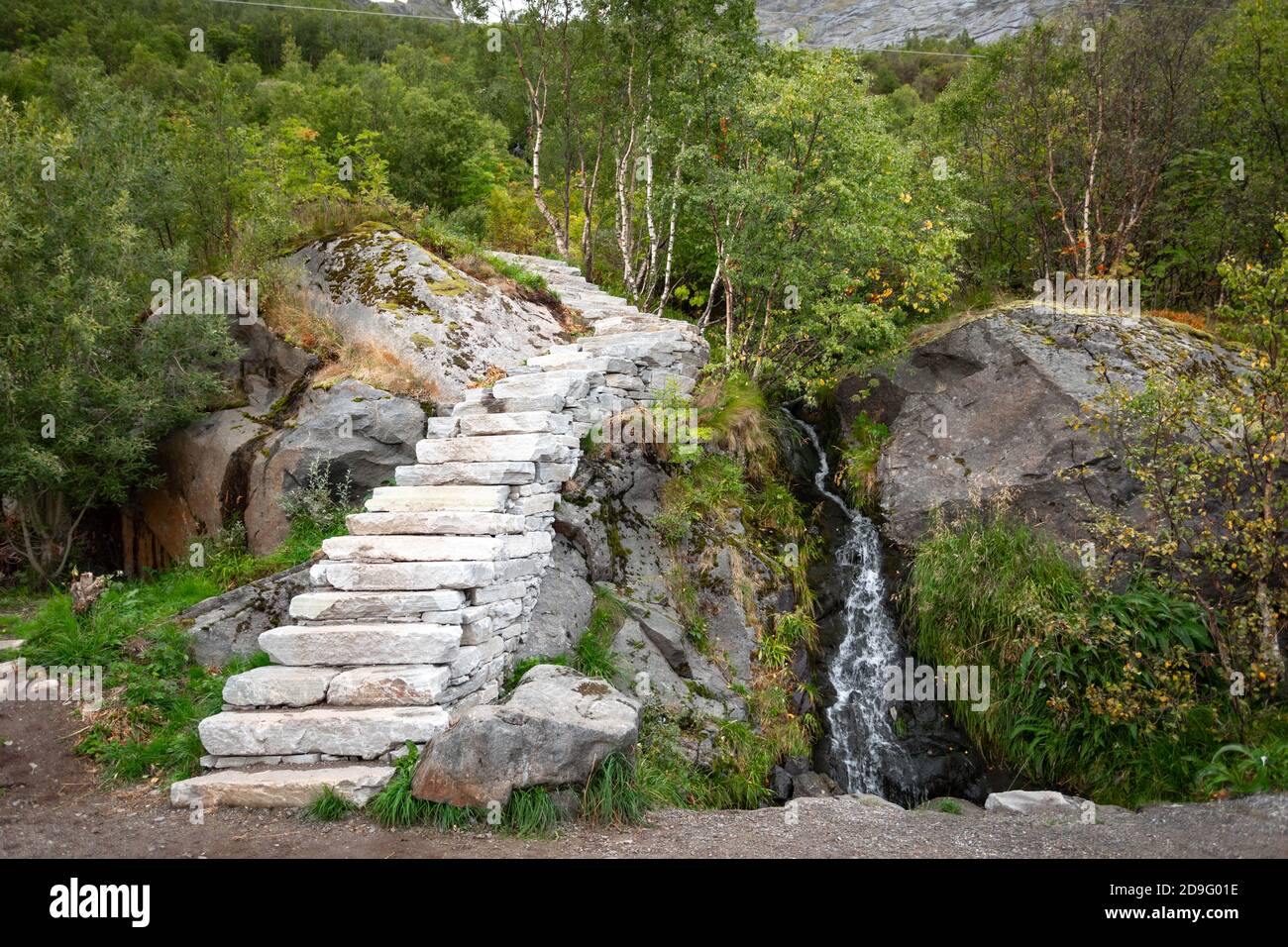 Built up stone staircase up to Reinebringen mountain, Reine, Lofoten islands, Norway Stock Photo