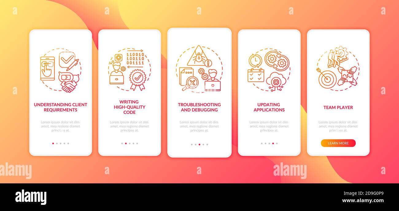 App developer skills onboarding mobile app page screen with concepts Stock Vector