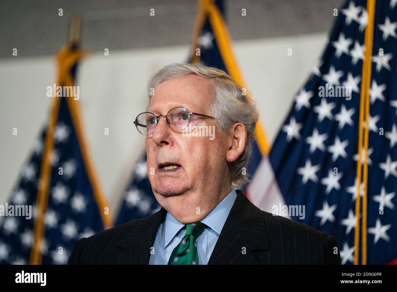 US Senate Majority Leader Mitch McConnell (R-KY) listens during his weekly press conference at the U.S. Capitol Building on September 30, 2020 in Washington, D.C.. Credit: Alex Edelman/The Photo Access Stock Photo