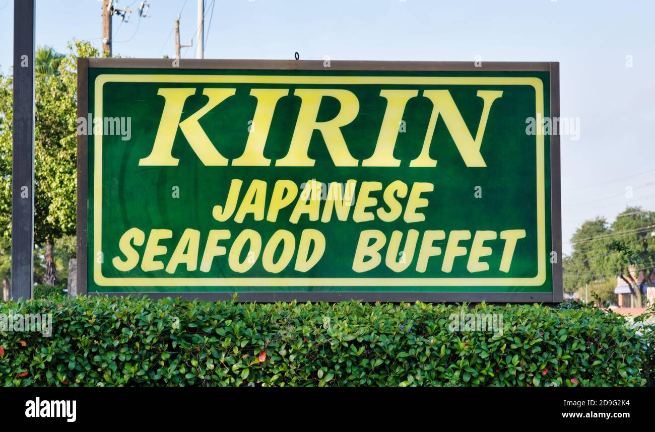 Houston, Texas/USA 10/23/2020: Kirin Japanese Seafood Buffet restaurant advertising sign in Houston, TX. Stock Photo