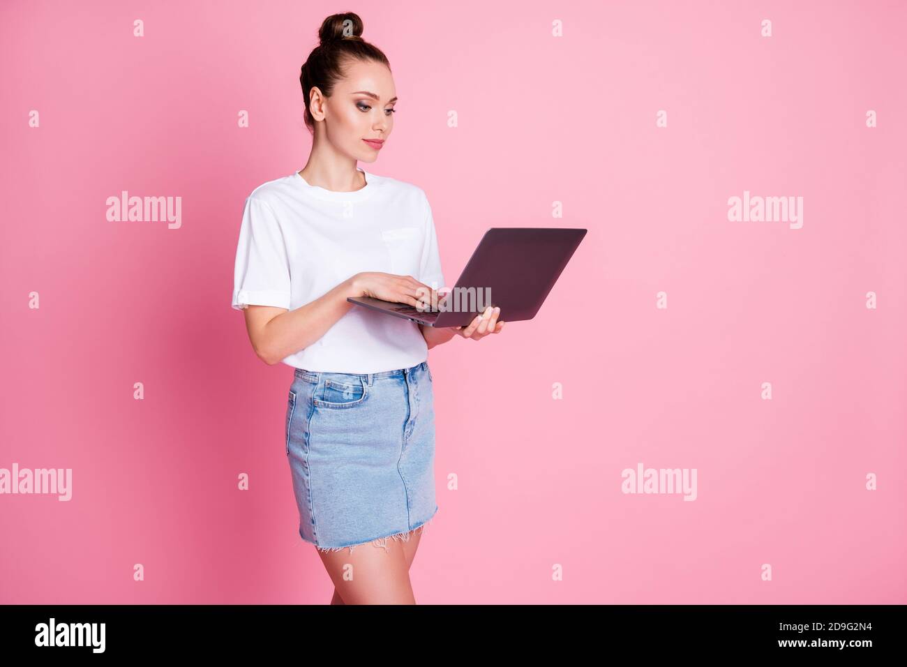Photo of focused girl work remote use laptop search website wear
