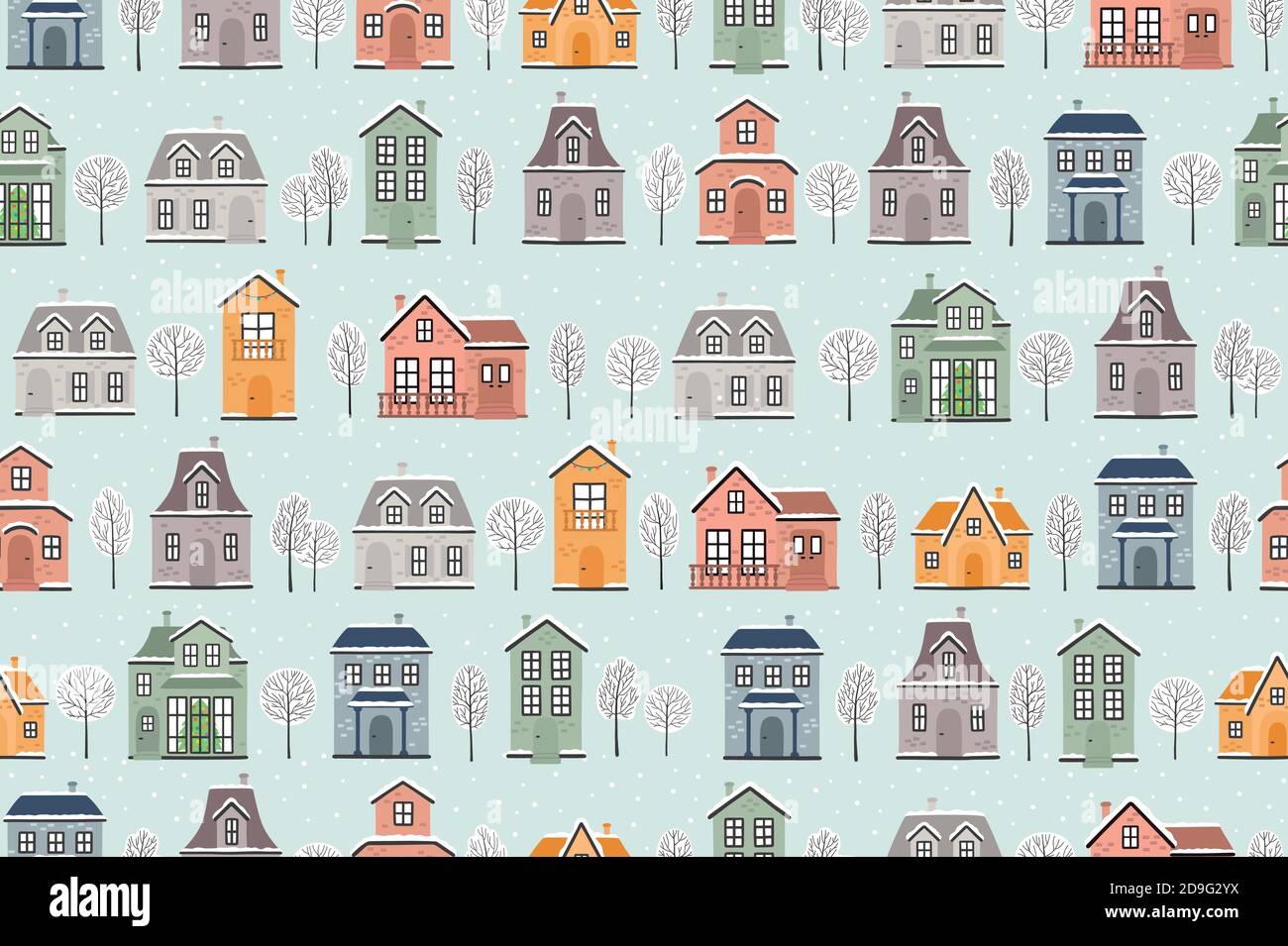 Seamless vector pattern with winter houses and trees. Stock Vector