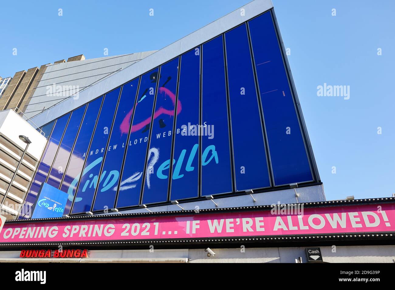 London, UK. - 4 Nov 2020: The exterior of the Gillian Lynne Theatre in Covent Garden advertising Andrew Lloyd Webber’s new musical Cinderella, whose premiere has been delayed until Spring 2021. Stock Photo