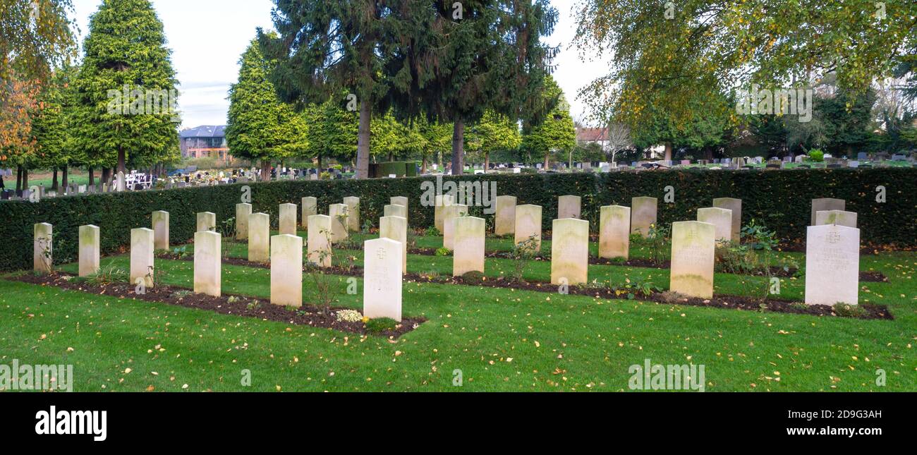 The Commonwealth War Graves site at Botley Road Cemetery, Oxford, Oxfordshire, UK (at dusk). PICTURED: German PoW graves set apart in a quiet corner. Stock Photo