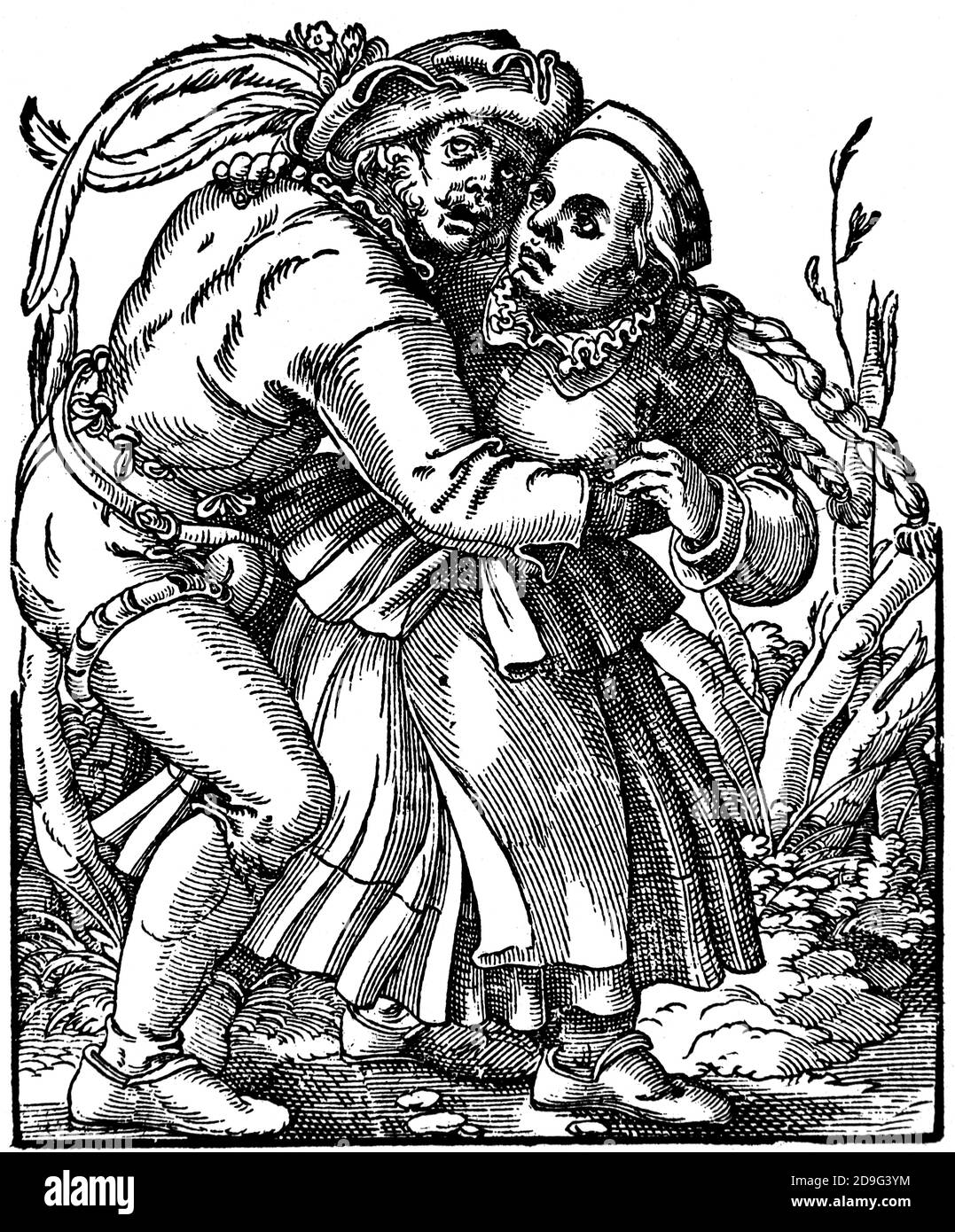 Europe. Renaissance era. 16th century. Peasant couple embracing. Engraving by Jost Amman, 1599. Stock Photo