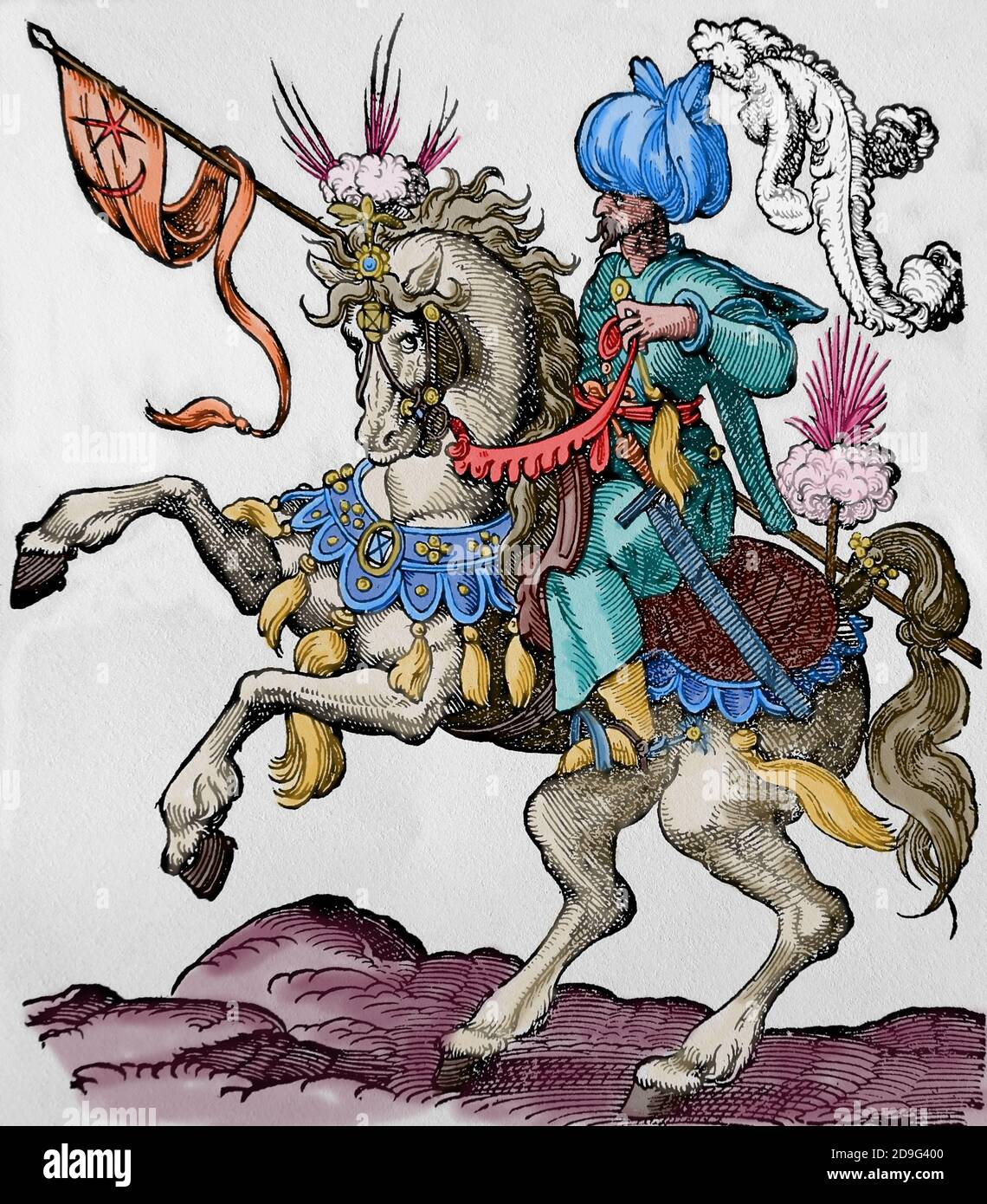 Modern era. Ottoman Empire. 16th century. Turkish cavalryman with pennant. Engraving by Jost Amman, 16th century. Later colouration. Stock Photo