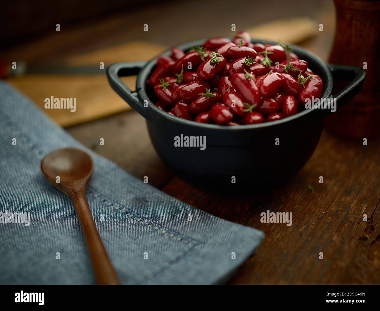 Red Kidney Beans in a Cast Iron Crock Stock Photo