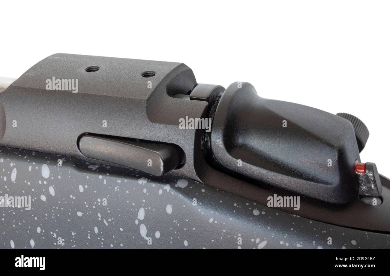 Bolt release lever and scope mounting holes on a bolt action rifle Stock Photo
