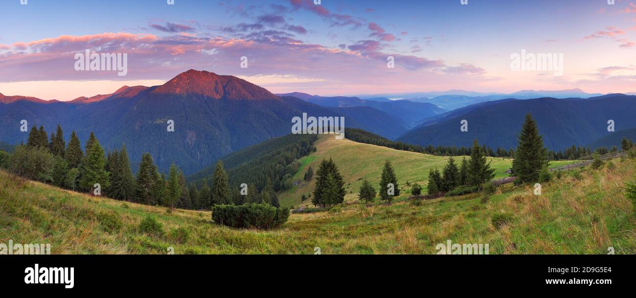 Morning mountain panorama with beautiful sky and pine forest Stock Photo