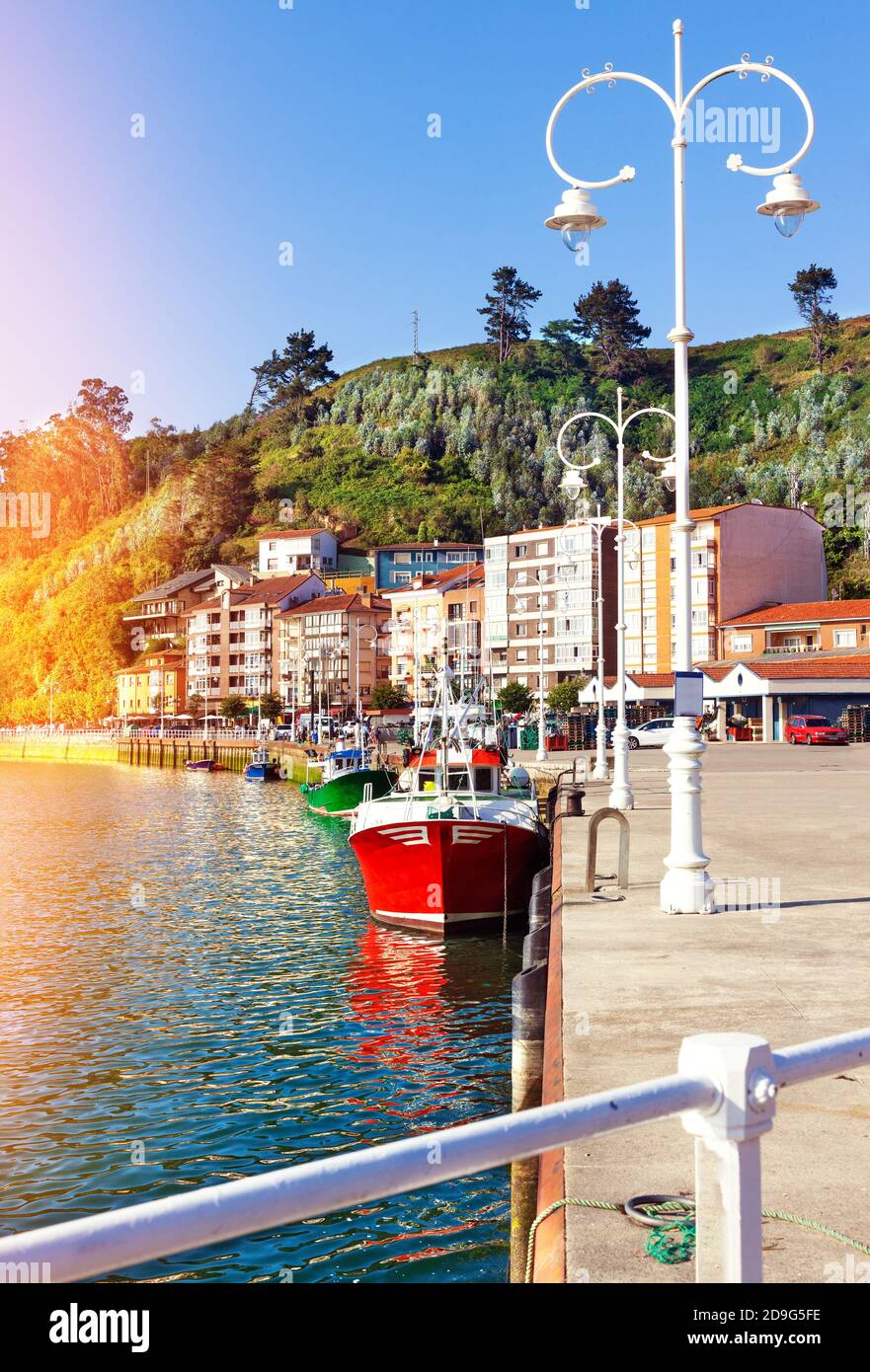 Harbour with boats and houses in Ribadesella.Fishing village of Asturias,Spain. Stock Photo