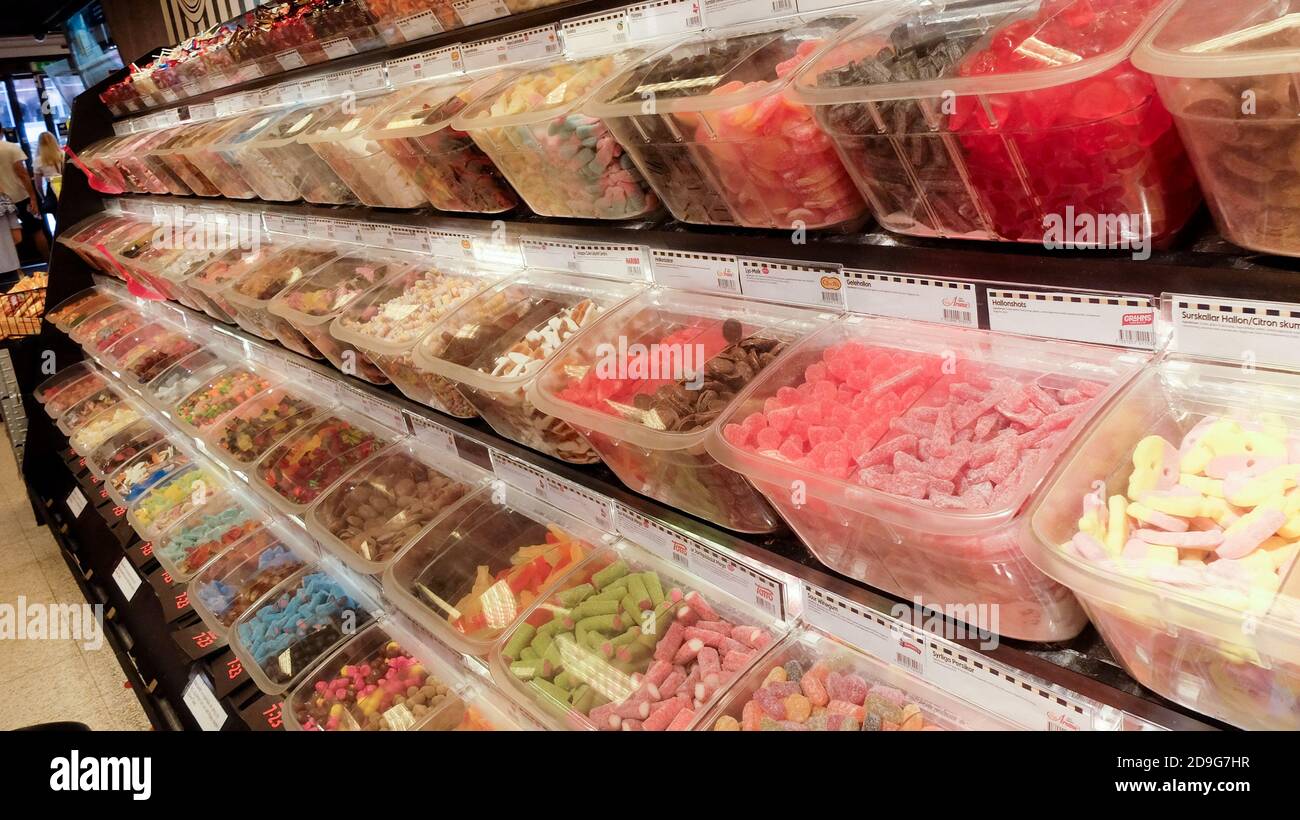 Bulk candies and sweets in a swedish grocery store. Godis Stock Photo