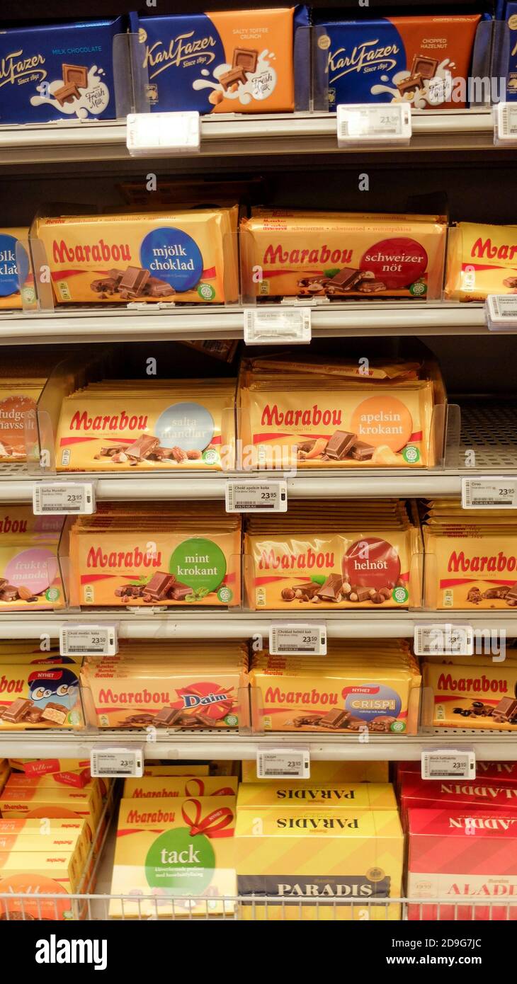 Different variety of swedish chocolates bars in a grocery store shelf