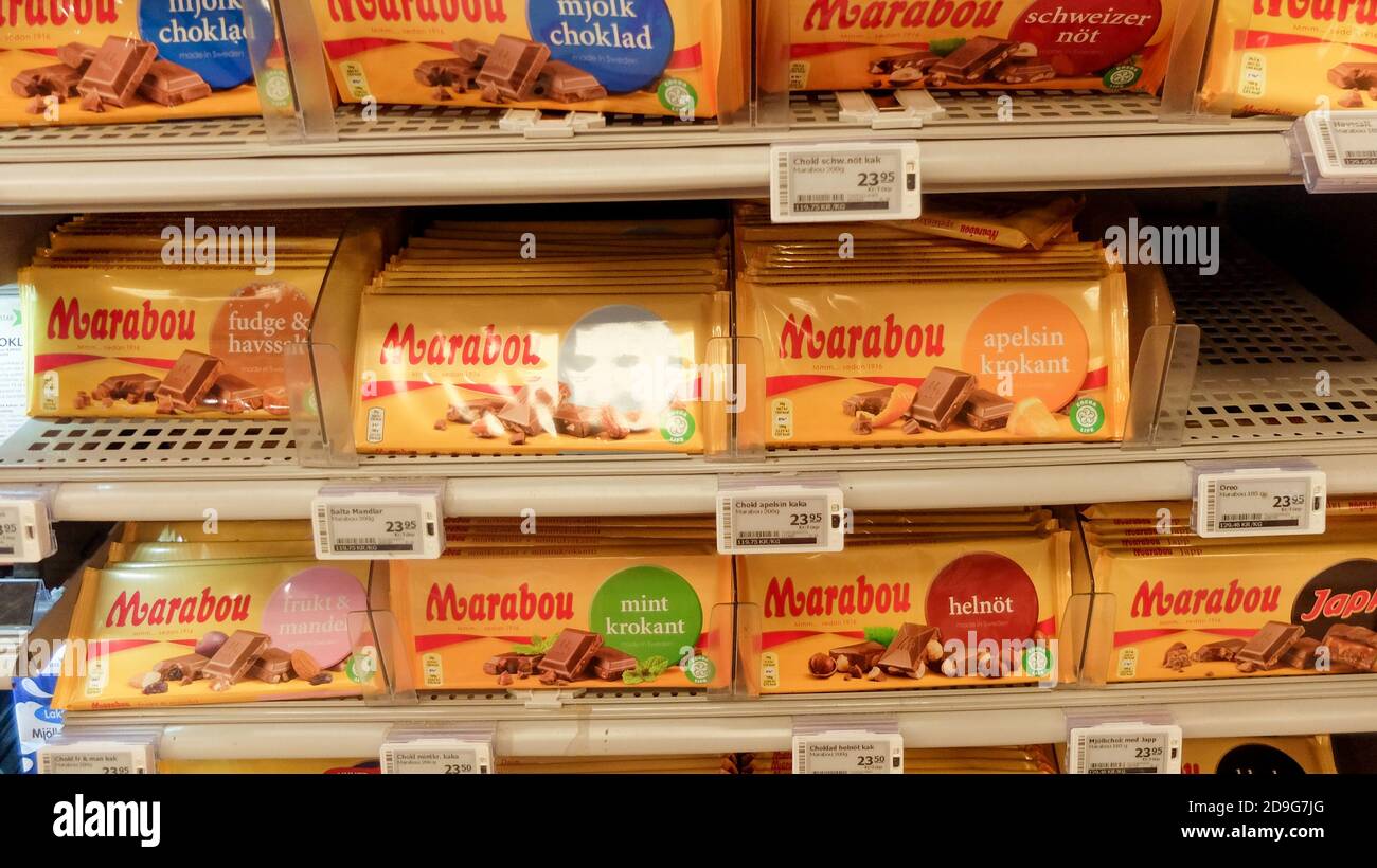 Different variety of swedish chocolates bars in a grocery store shelf