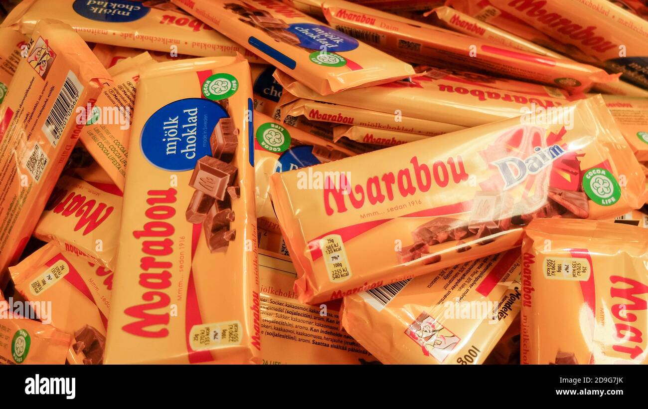 Different variety of swedish chocolates bars in a grocery store shelf