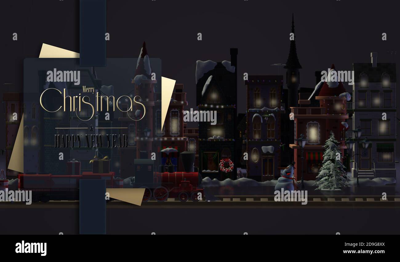 Christmas magic night with old cityscape, street lights in 3D illustration. Design for Xmas New Year card. Text on gift tag Merry Christmas Happy New Year Stock Photo