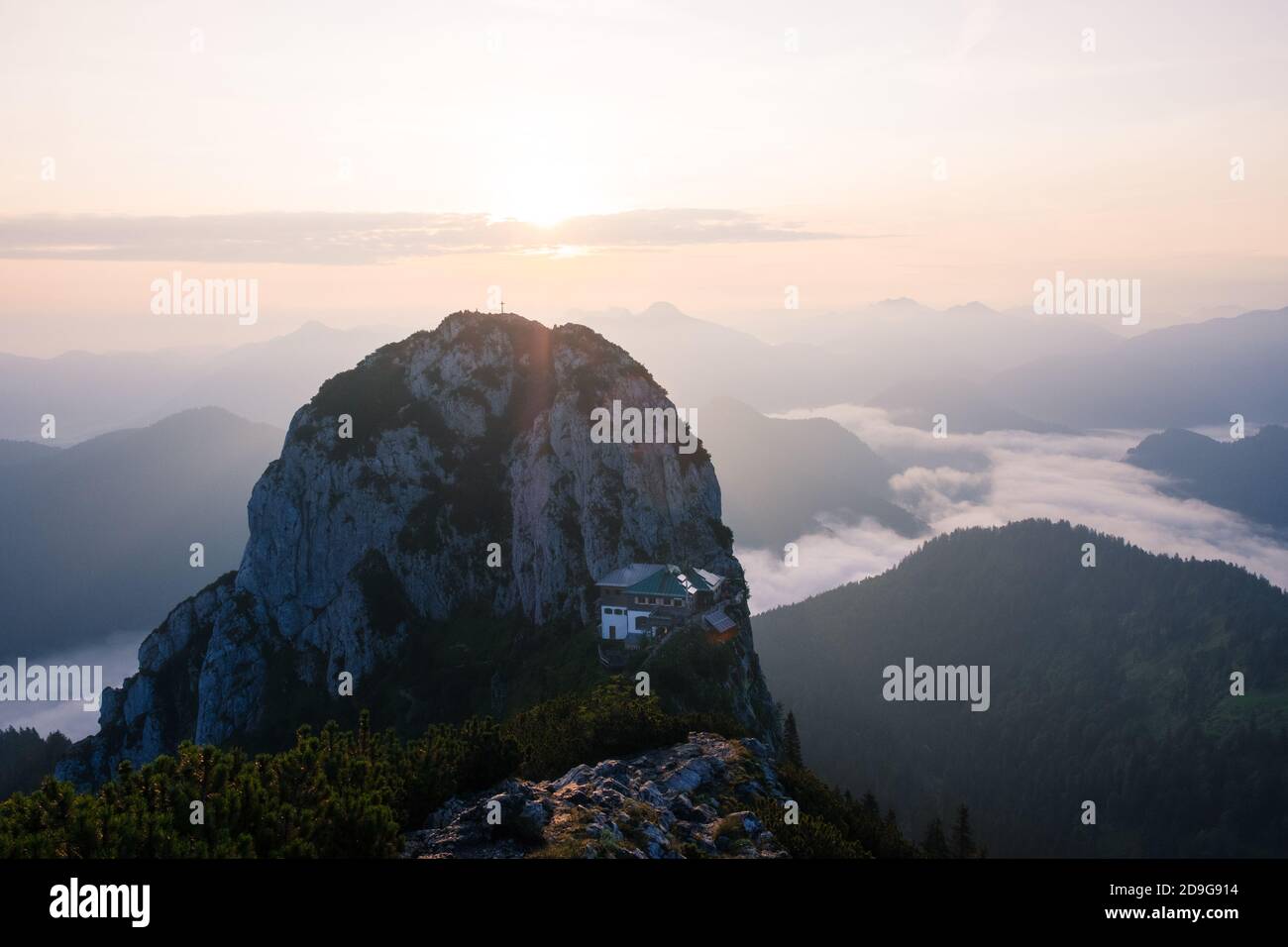 beautiful sunrise over Tegernseer Hütte in the German Alps Stock Photo