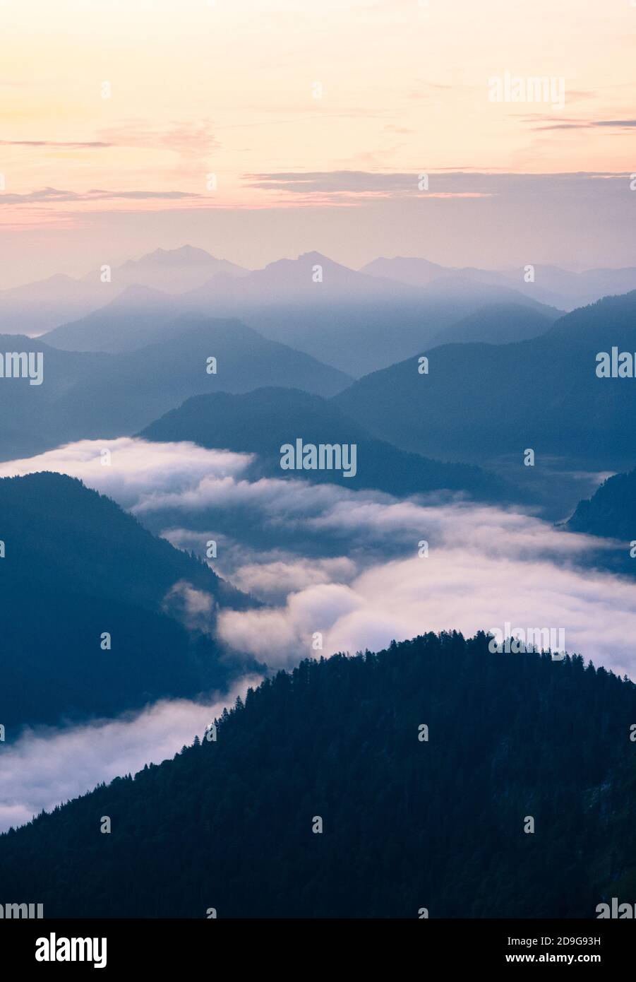 beautiful sunrise over Tegernseer Hütte in the German Alps Stock Photo