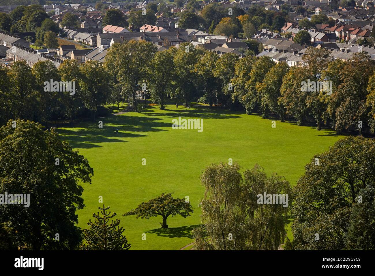 View from Clitheroe Castle in Lancashire into the surrounding park Stock Photo