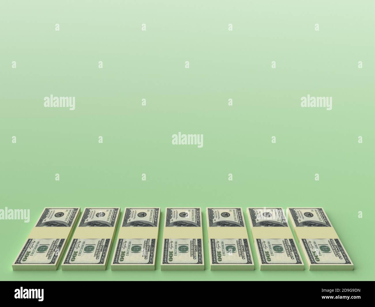 Big money stacks from dollars on blank green background. Finance conceptual Stock Photo