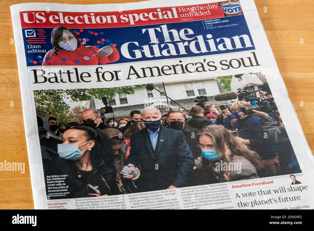 Battle for America's soul headline in Guardian on American election day 4 November 2020. Stock Photo