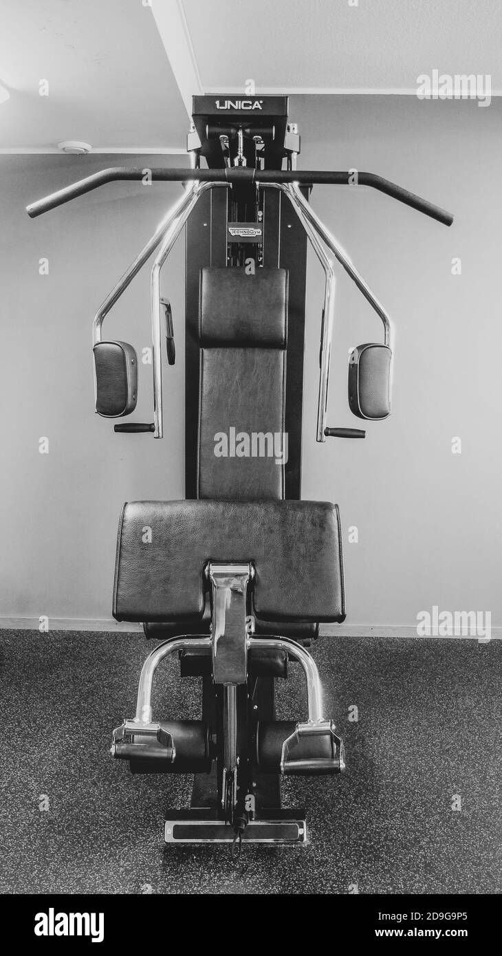 Strength machine to work the arms. Black and white photo Stock Photo