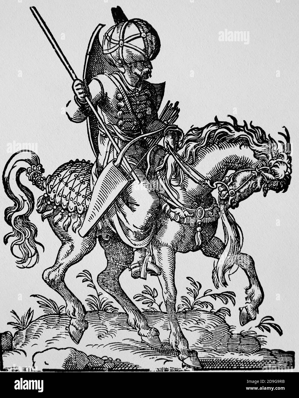 Modern era. Ottoman Empire. 16th century. Turkish cavalryman with bow and arrows. Engraving by Jost Amman, 16th century. Stock Photo