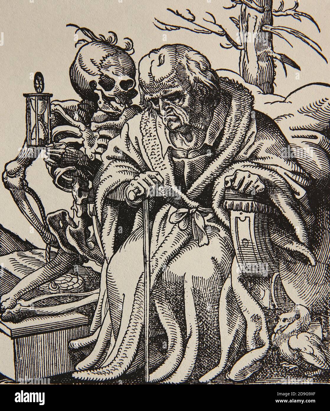 Old man and Death. Engraving by Jost Amman, 1599. Modern period. Europe. Stock Photo