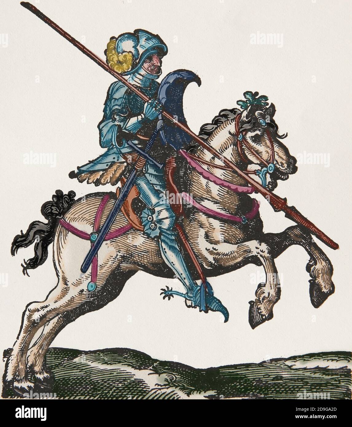 Jousting. Renaissance. Knight  with lance. Engravinb by Jost Amman, 16th century. Later colouration. Stock Photo