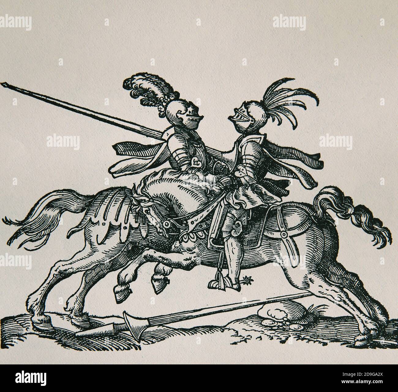 Jousting. Renaissance. Jousters with lances. Engraving by Jost Amman