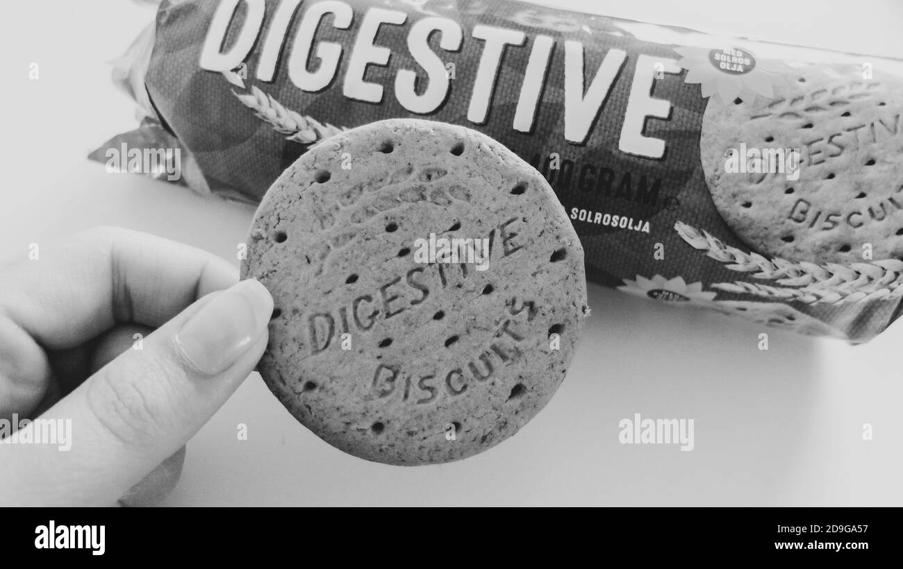 Digestive biscuits from Sweden, ICA. A digestive or digestive biscuit is a kind of Scottish biscuit very popular Stock Photo