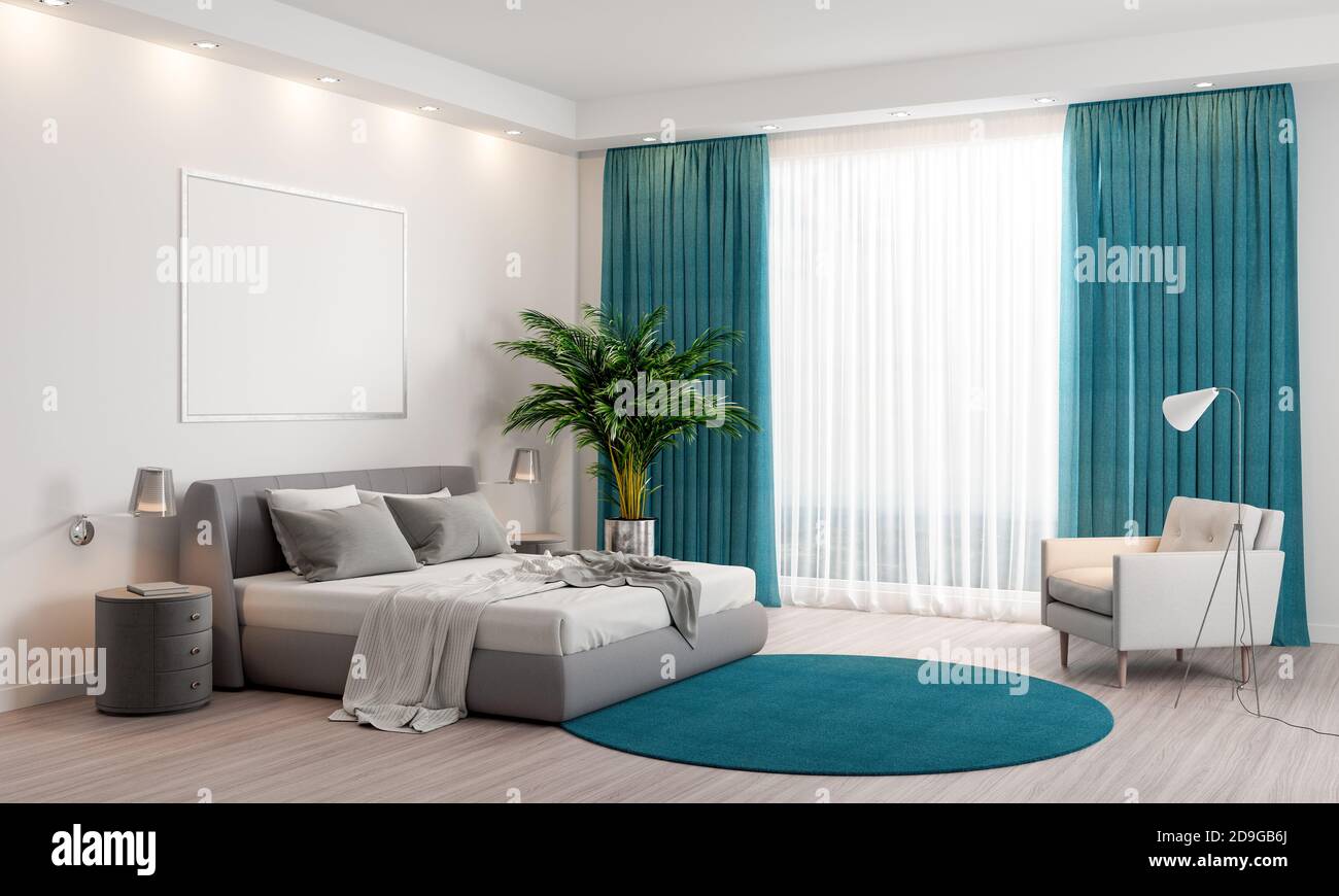 Modern bedroom interior design with blue curtains and blue carpet 3d Render  3d illustration Stock Photo - Alamy