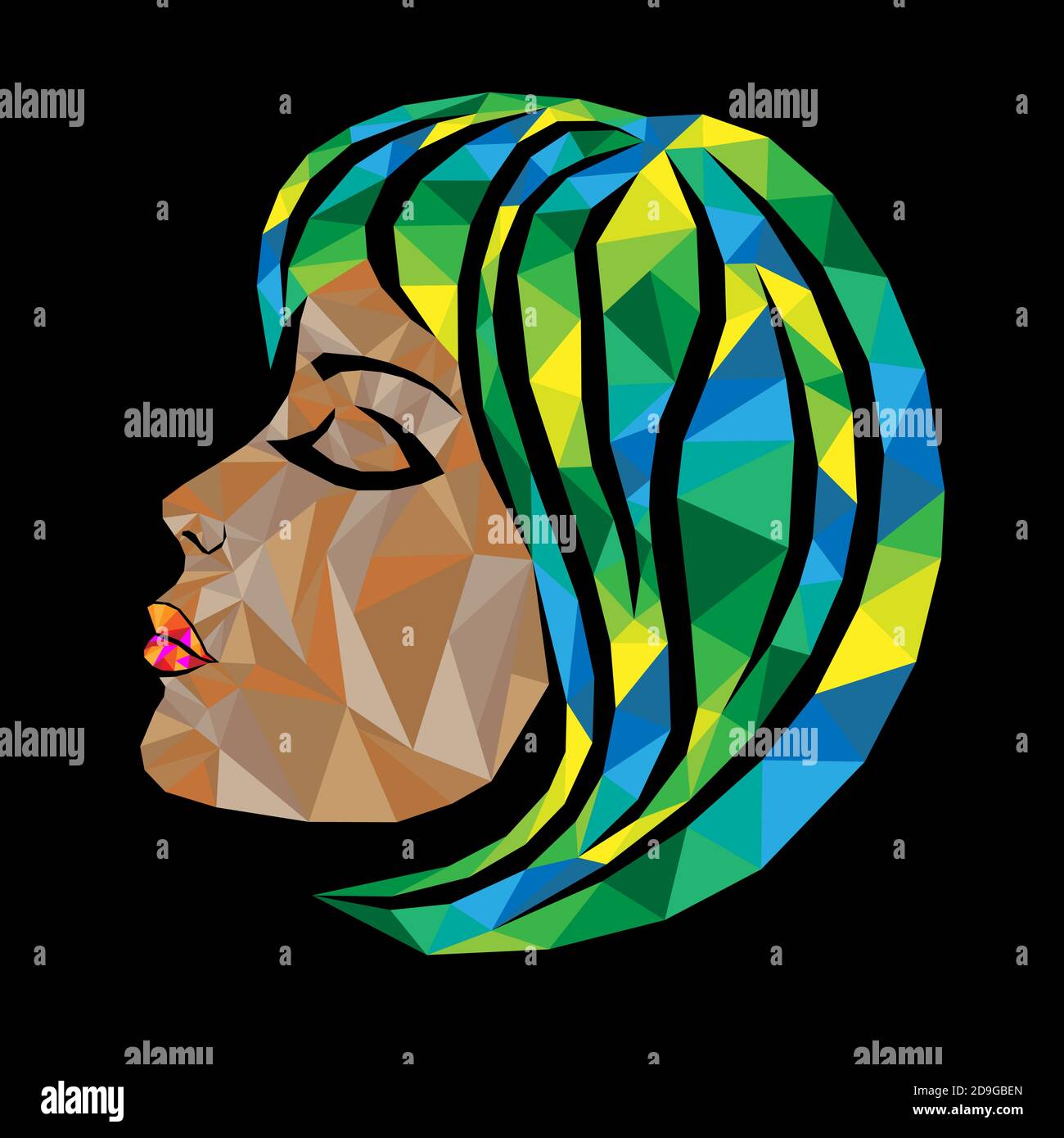 Mosaic face of a beautiful woman with closed eyes and hair in yellow, green and blue hues isolated on the black background, view side Stock Vector