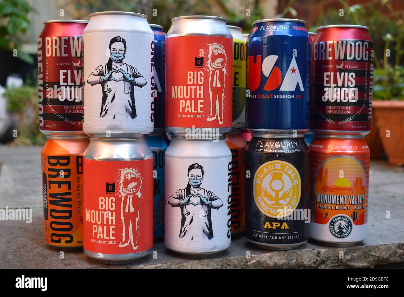 Scottish made beers by BrewDog are most brewed in Europe Craft beer cans of Punk IPA Pale Ale Clockwork Tangerine Elvis Juice Hazy Jane Dead Pony Club Stock Photo
