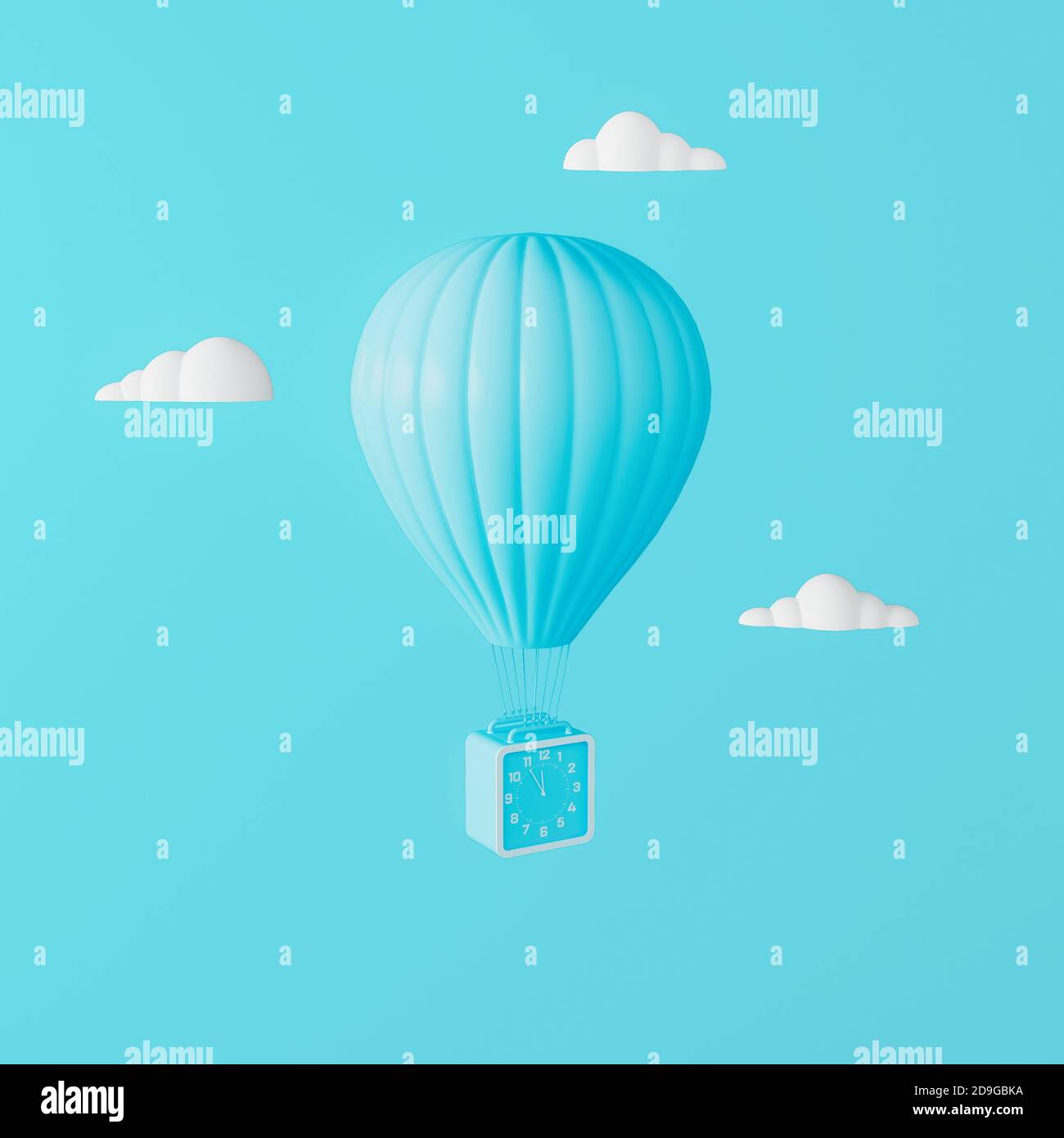 Hot air balloon with clock flies in the clouds. Time Flies Concept on pastel blue background 3D render 3D illustration Stock Photo