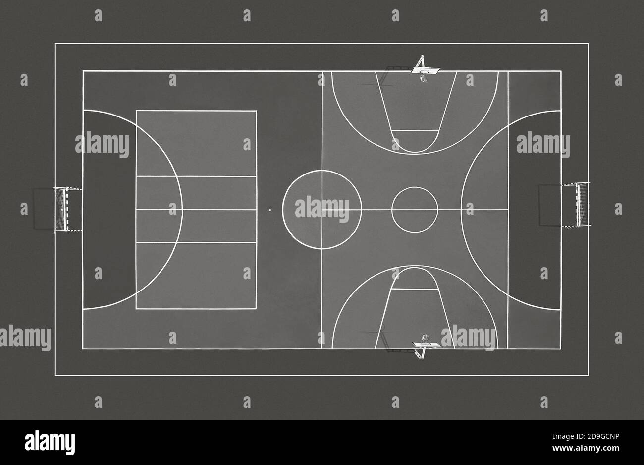 Universal sports ground, aerial view. Game sports volleyball, football