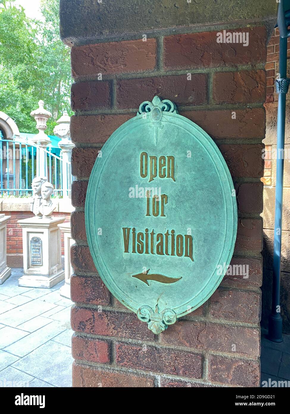 Orlando,FL/USA-10/21/20: The sign that says Open for Visitation outside of the Haunted Mansion ride in the Magic Kingdom at  Walt Disney World Resorts Stock Photo