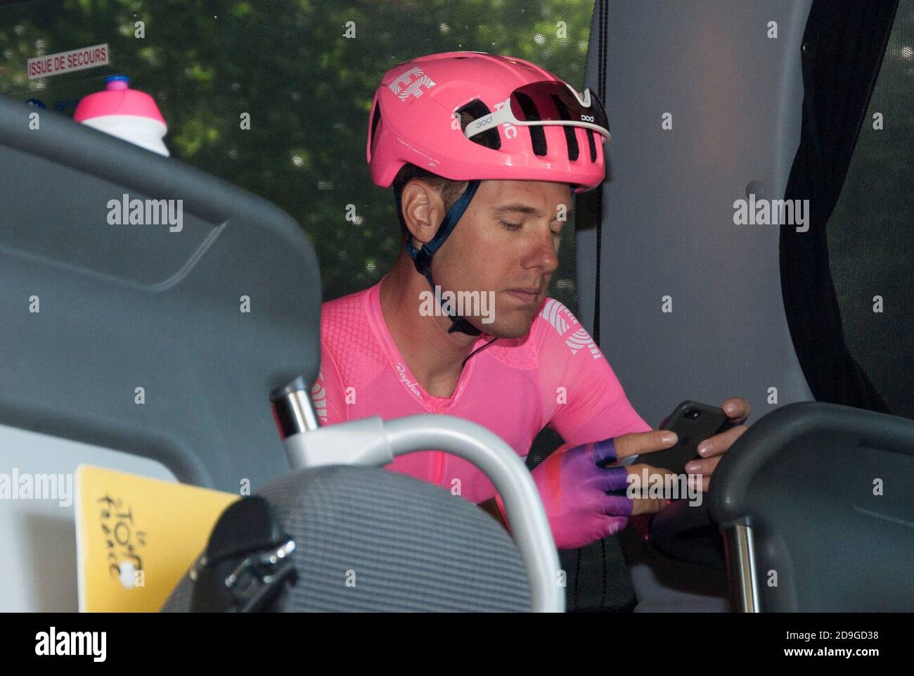 Sebastian Langeveld on the team bus. Riders were taking part in the Wirral Stage (Stage 5) of the 2019 Tour of Britain. The overall General Classification was won by Mathieu van der Poel. Stock Photo