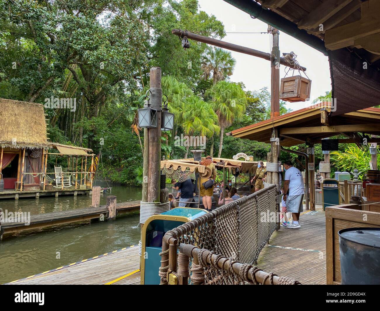 Orlando,FL/USA10/21/20 People boarding a Jungle Cruise ride boat in the Magic Kingdom at Walt