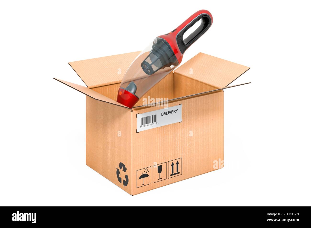 Portable vacuum cleaner inside cardboard box, delivery concept. 3D