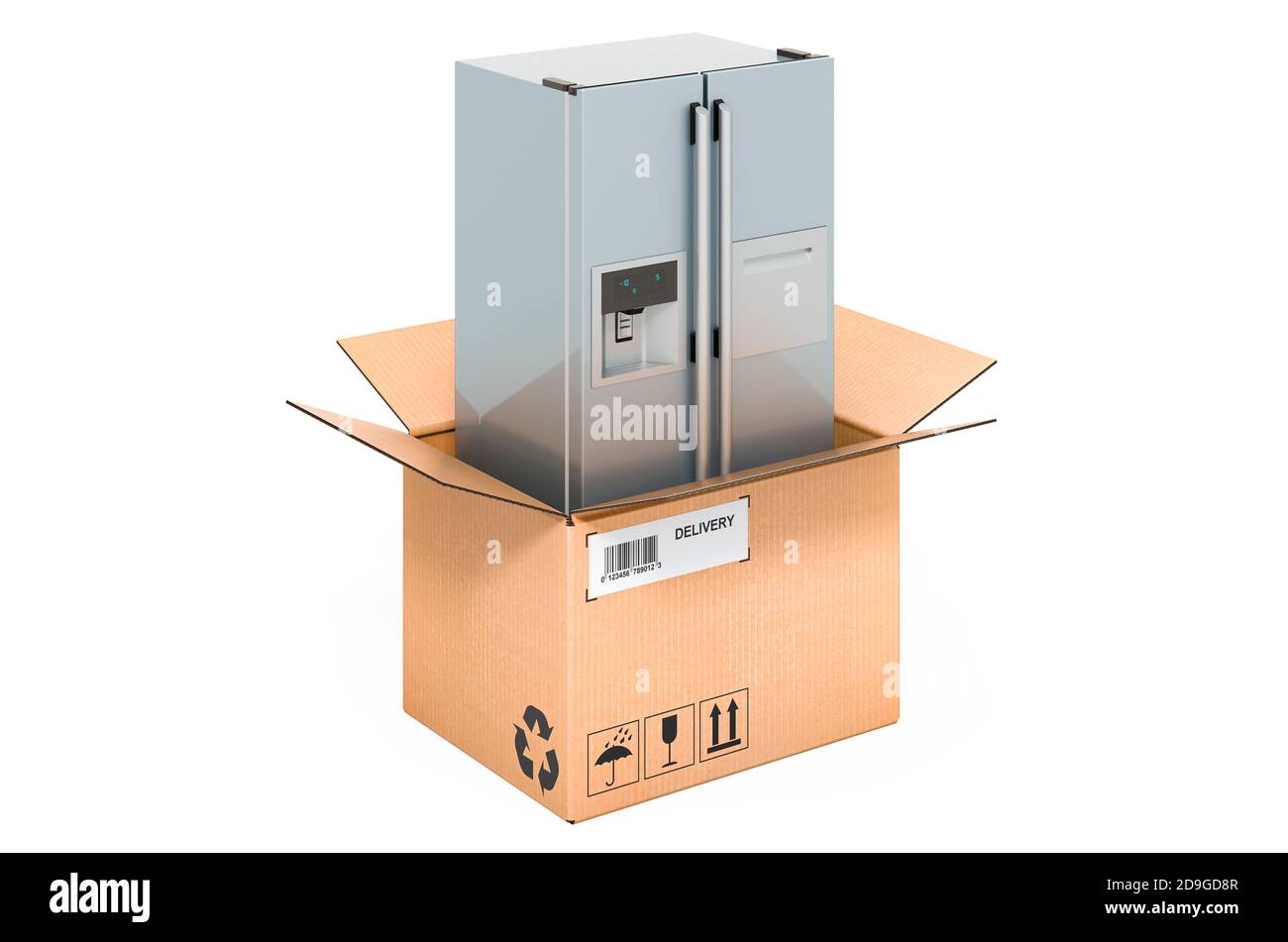 Double door refrigerator inside cardboard box, delivery concept. 3D rendering isolated on white background Stock Photo