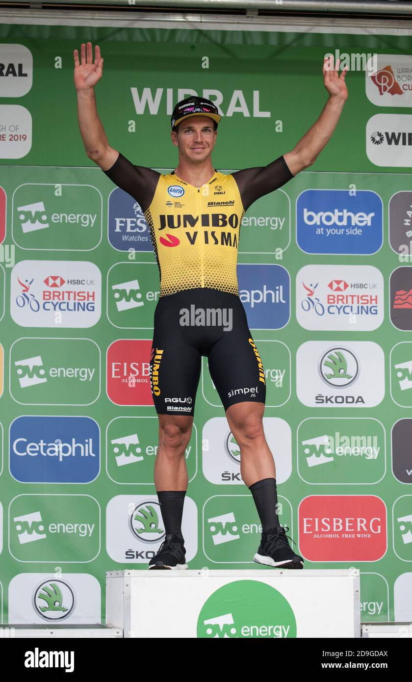 Dylan Groenewegen after winning the stage. Riders were taking part in the Wirral Stage (Stage 5) of the 2019 Tour of Britain. The overall General Classification was won by Mathieu van der Poel. Stock Photo
