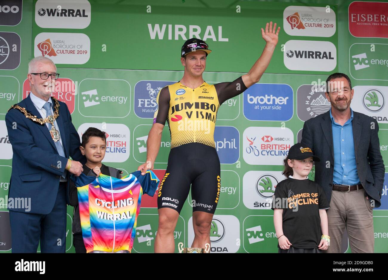 Dylan Groenewegen after winning the stage. Riders were taking part in the Wirral Stage (Stage 5) of the 2019 Tour of Britain. The overall General Classification was won by Mathieu van der Poel. Stock Photo