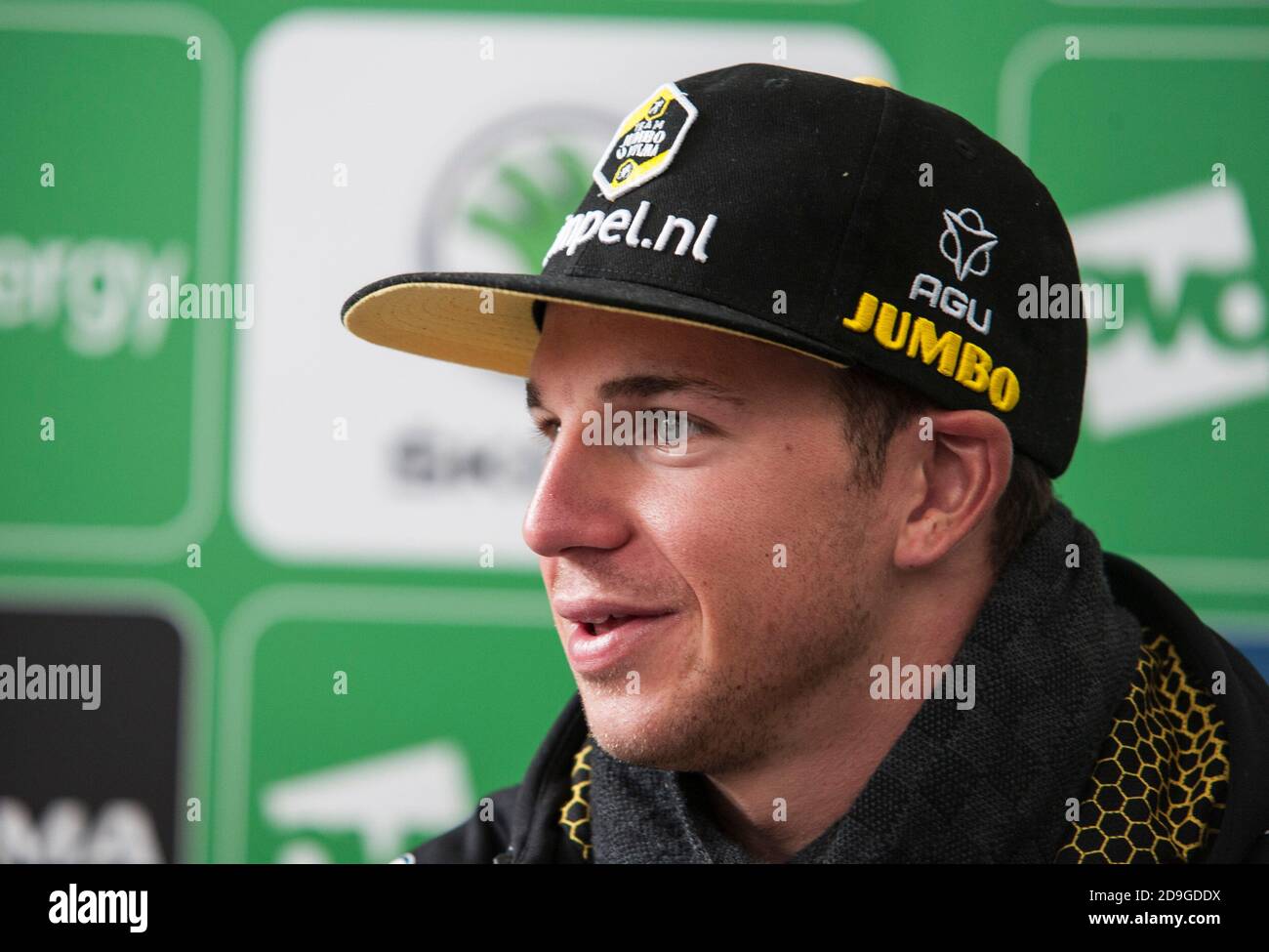 Dylan Groenewegen in the press conference after winning Stage 5 of the Tour of Britain 2019 in Birkenhead. Riders were taking part in the Wirral Stage (Stage 5) of the 2019 Tour of Britain. The overall General Classification was won by Mathieu van der Poel. Stock Photo
