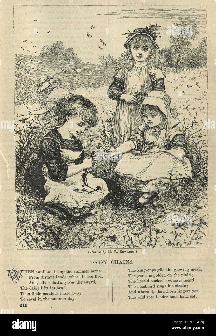 Victorian poem, Children making daisy chains in a meadow, 19th Century