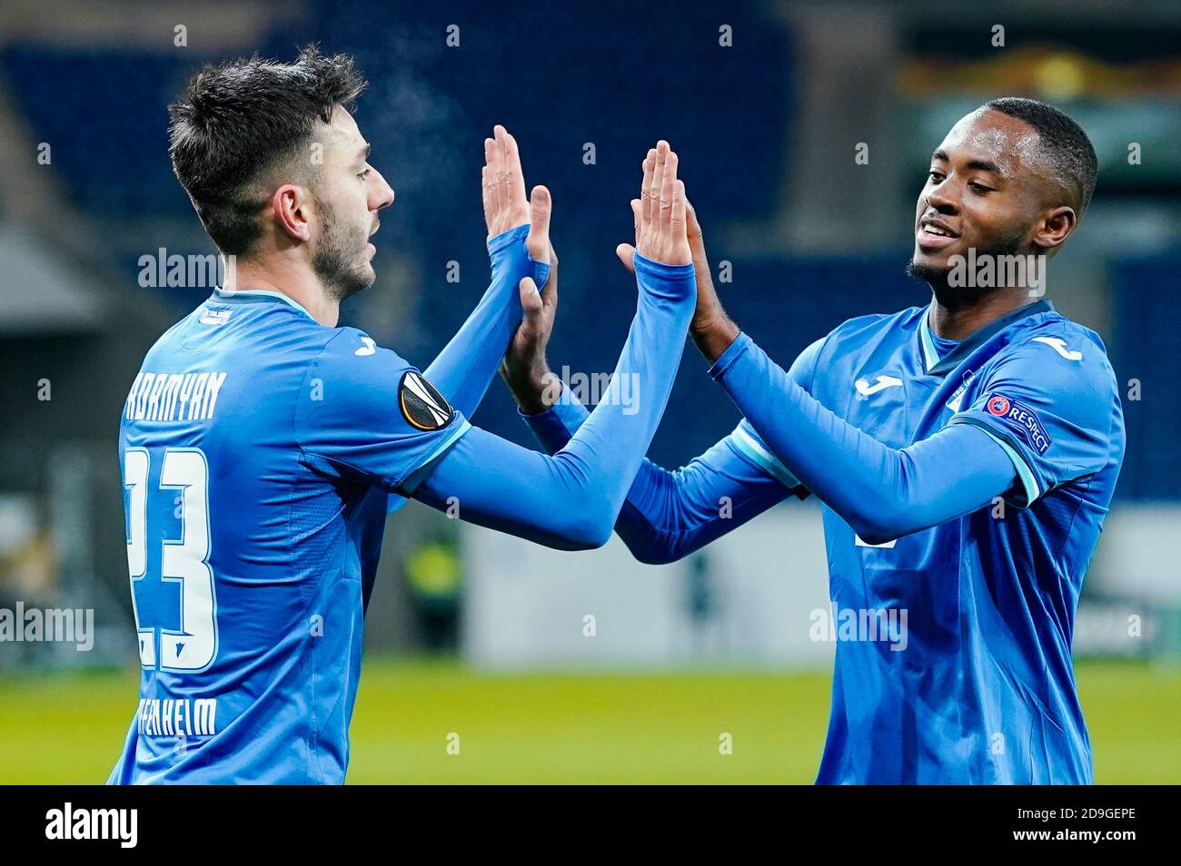 Sinsheim Germany 05th Nov Football Europa League Tsg 19 Hoffenheim Slovan Liberec Group Stage Group L Matchday 3 Prezero Arena Hoffenheim S Goal Scorer Sargis Adamyan L Cheers With Hoffenheim S Melayro Sinsheim Germany 05th Nov Football Europa League Tsg 19 Hoffenheim Slovan Liberec Group Stage Group L Matchday 3 Prezero Arena Hoffenheim S Goal Scorer Sargis Adamyan L Cheers With Hoffenheim S Melayro