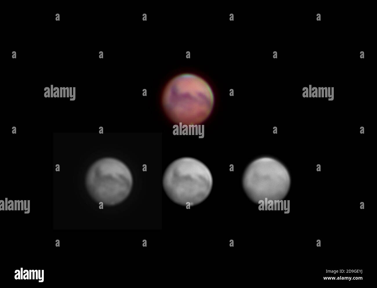 Planet Mars photographed from London UK on 5.11.20, showing sequence of captures using Red, Green, Blue filters Stock Photo