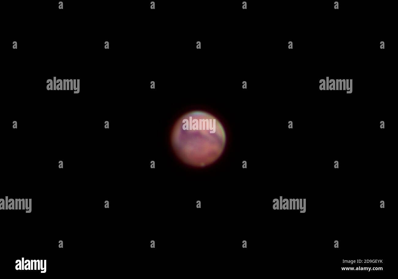 Planet Mars photographed from London UK on 5.11.20. Martian South polar ice cap is at bottom of image. Stock Photo