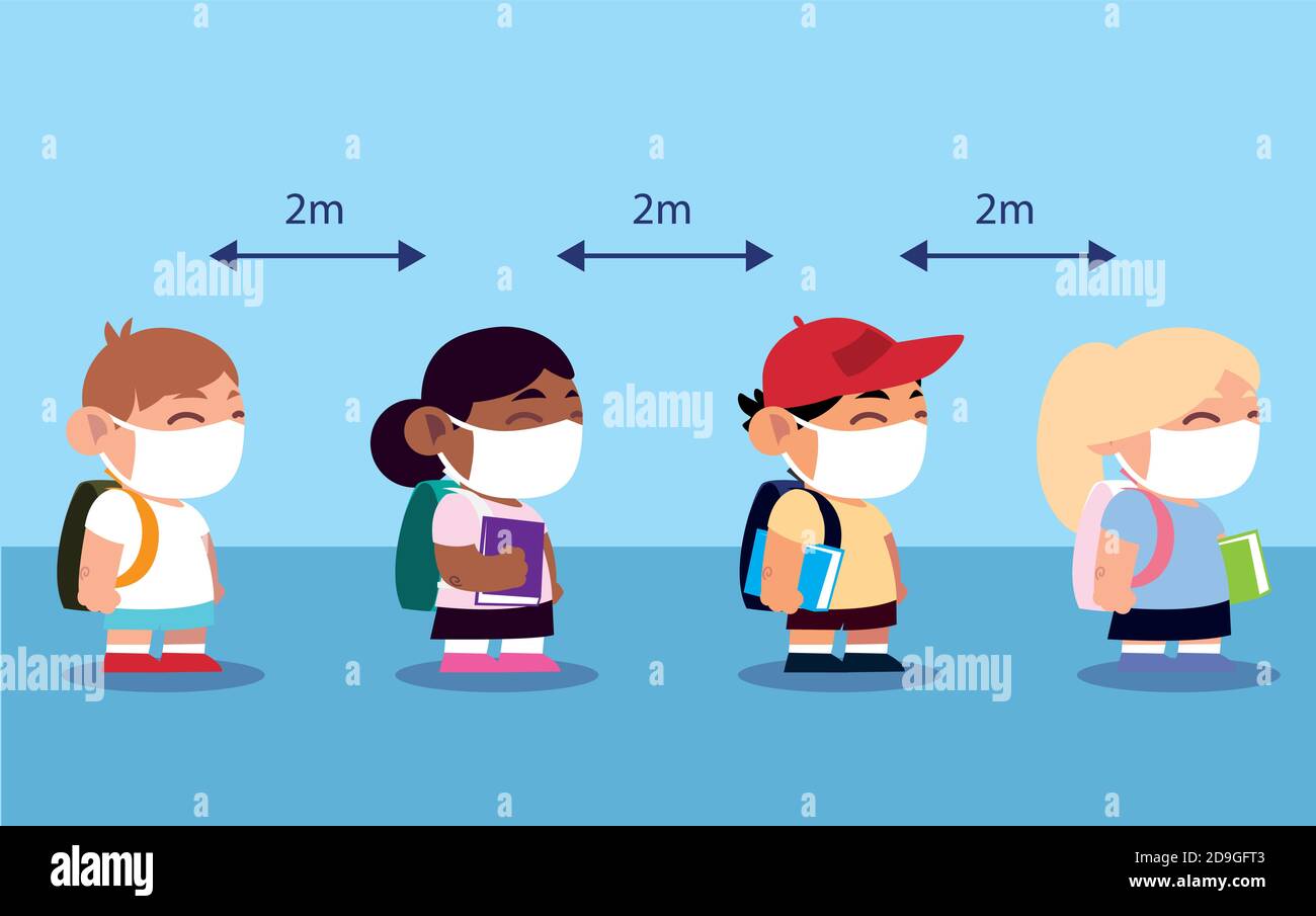 back to school, students wearing mask face shield stay keep distance ...